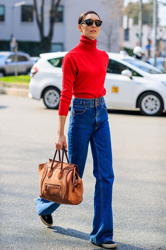 red turtleneck with bell bottom
