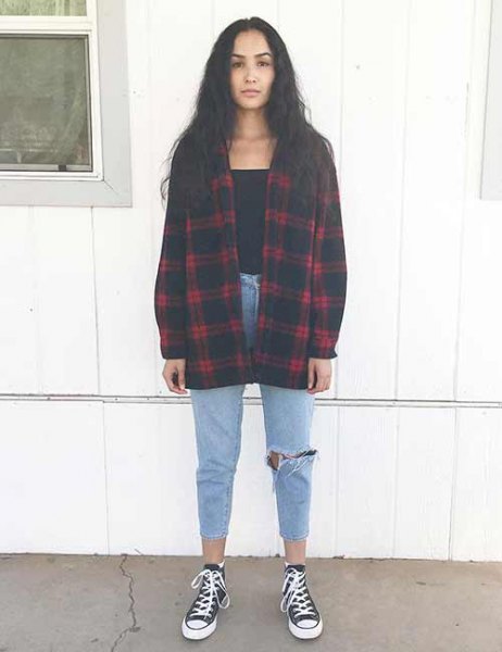 red and black oversized plaid flannel shirt with canvas sneakers