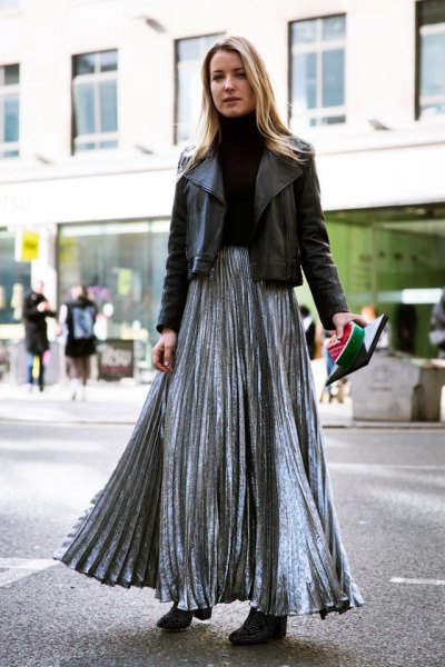 silver pleated skirt with black leather jacket