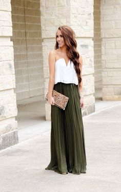 white top with sweetheart neckline and green maxi pleated skirt