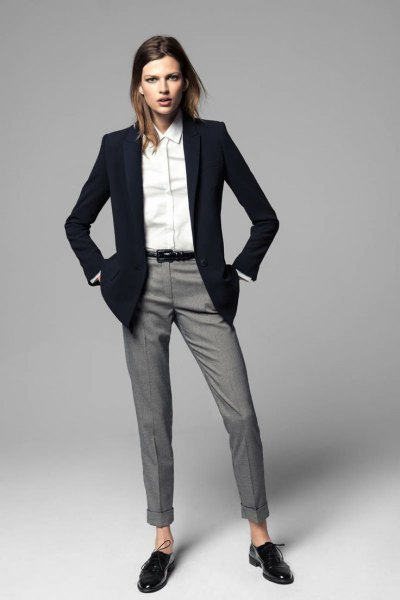 black blazer with gray cuff pants and oxford shoes
