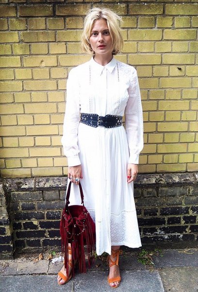 white maxi shirt dress with buttons and black belt