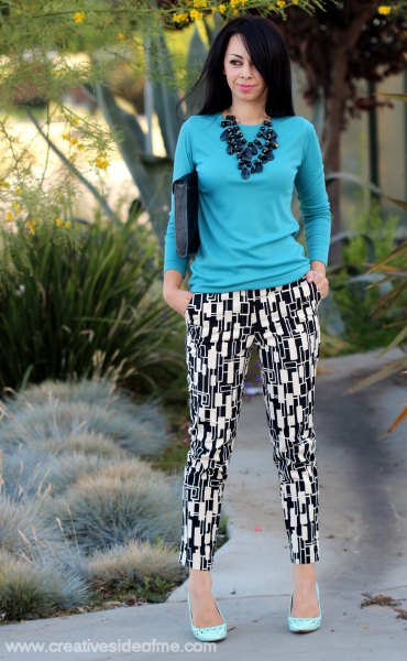 blue pants printed with slim fit sweater