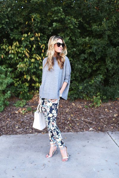 black floral printed trouser sweater with batwing sleeves