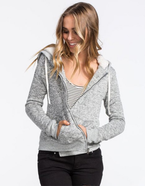 Slim fit zip-up hoodie and black and white striped scoop neck tank top