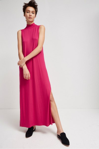 Blush Pink Mock Neck High Slit Maxi Dress