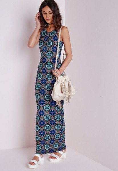 blue and pink tribal printed jersey maxi dress with white sandals