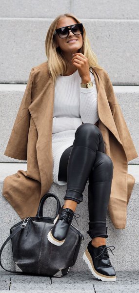 Camel long sleeve jacket with a white ribbed sweater dress