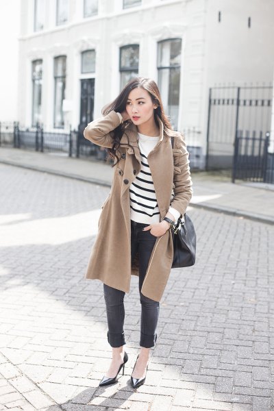 Camel wool coat with white and black striped sweater