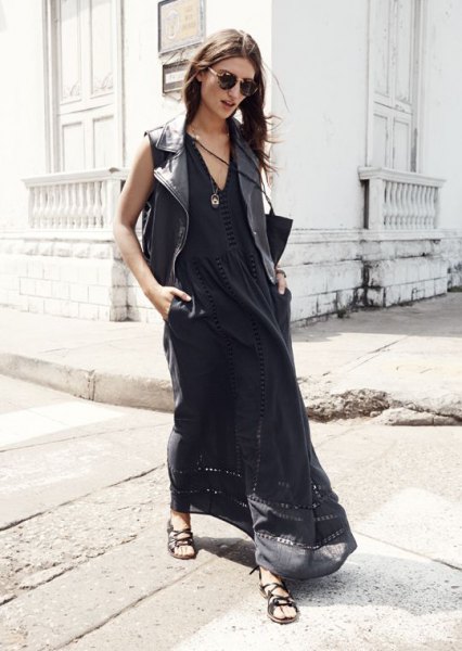 black airy maxi dress outfit with V-neckline