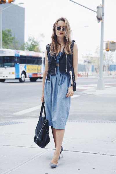 Chambray ruched waist relaxed fit midi dress