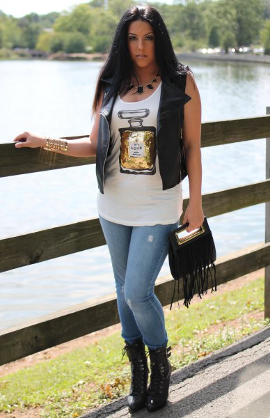 white printed tank top leather vest