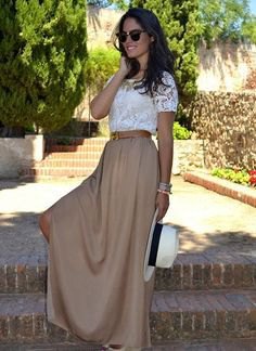 short-sleeved white lace top with green long skirt