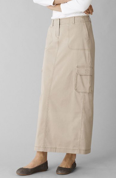 Ivory long straight khaki skirt with white long sleeve bodice