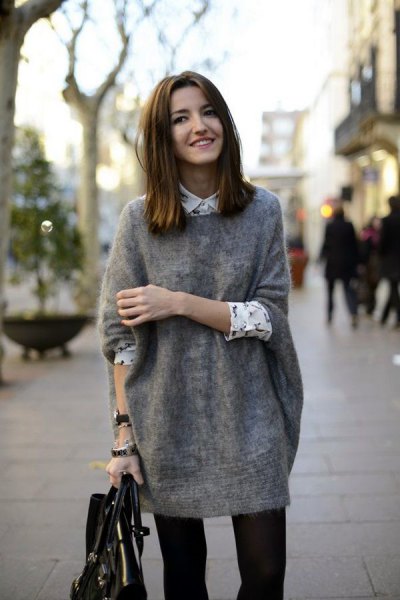 gray oversized sweater with white and black printed button down shirt