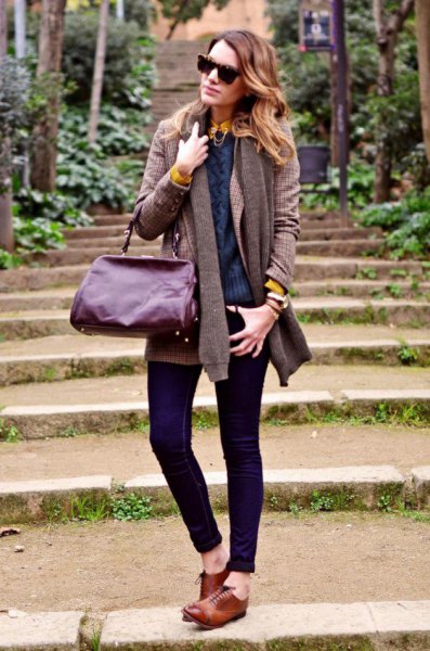 gray ribbed knit sweater with knitted scarf and brown goat shoes