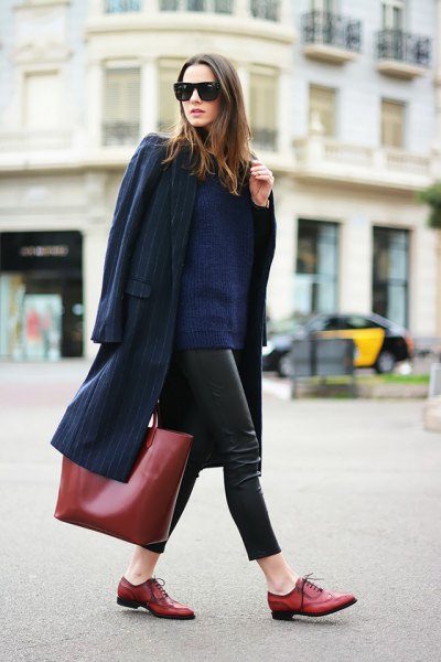 Dark blue wool coat with leather leggings and brown leather goatee shoes