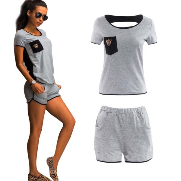 gray t-shirt with mini sweat shorts and leopard print slippers