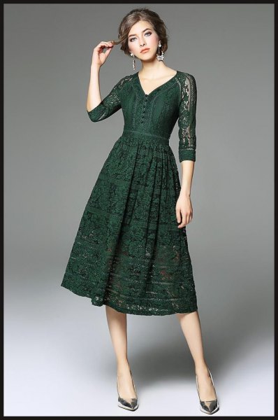 dark green lace dress with three quarter sleeves