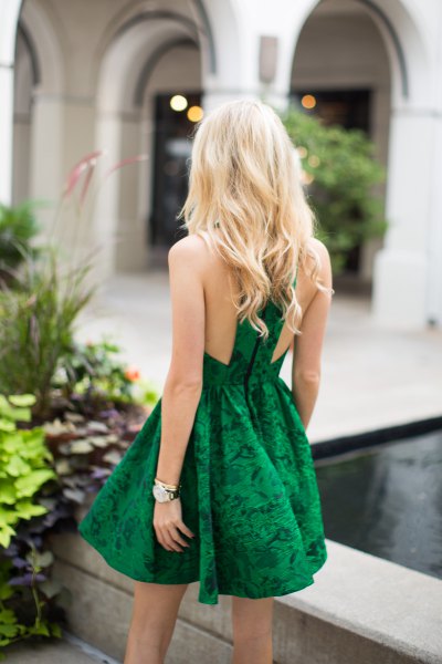 Green lace cocktail dress with back slit