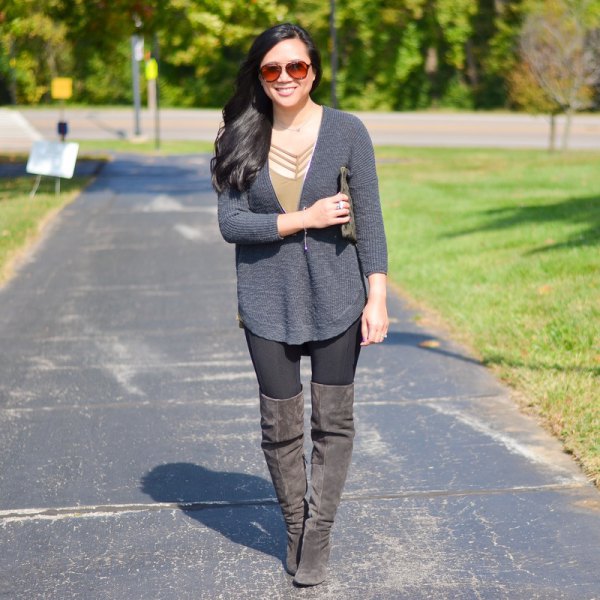 gray sweater with suede zipper boots
