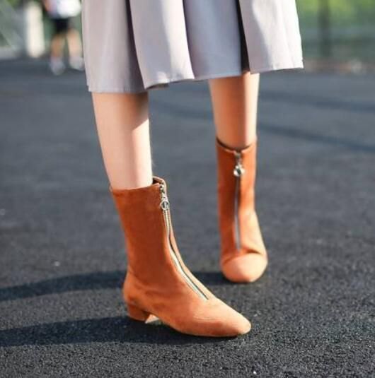 Green Pleated Midi Dress with Camel Zipper Suede Ankle Boots