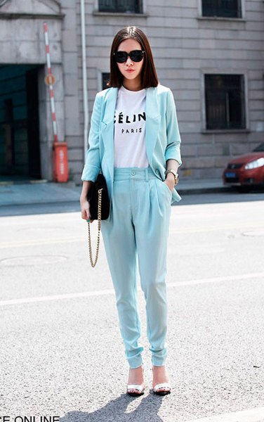 light blue tapered leg trousers and matching blazer