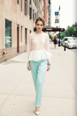 blue straight leg pants with pink and white peplum