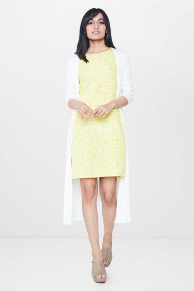 white midi shrug, light yellow mini dress