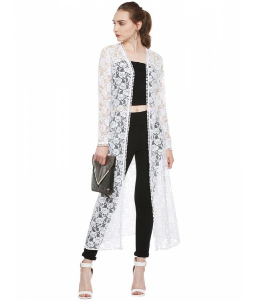 white maxi floral lace shrug black skinny jeans crop top