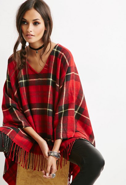 red and black poncho leather leggings with plaid V-neck and fringes