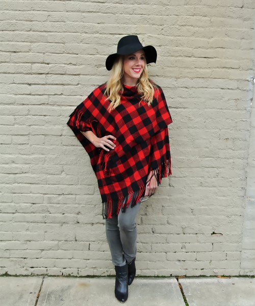 Red and Black Checkered Poncho Floppy Hat