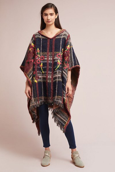 embroidered poncho made of brown and dark blue plaid
