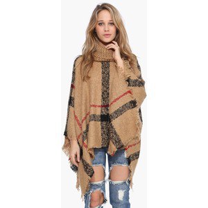 Camel and black check turtleneck poncho jeans