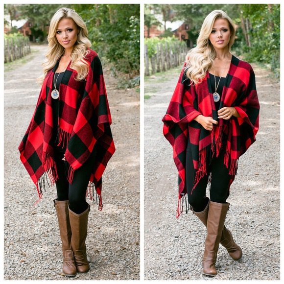 red and black plaid poncho legging boots