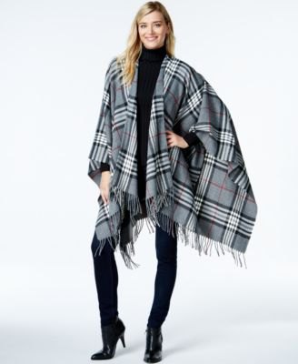 gray and white plaid poncho all black outfit