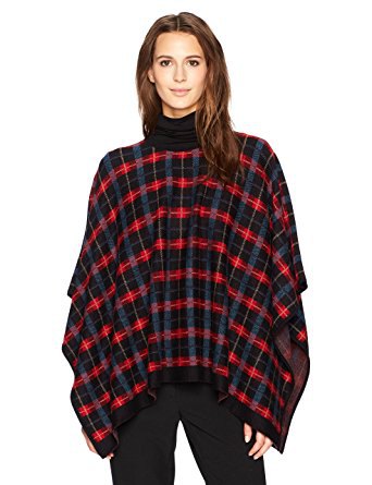 Red and Black Plaid Poncho Mock Neck Sweater