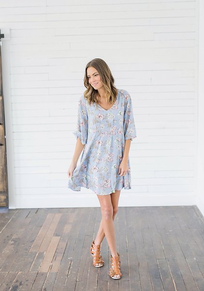 baby blue and white floral swing dress with half sleeves