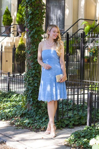 Baby blue off the shoulder fit and flare lace midi dress