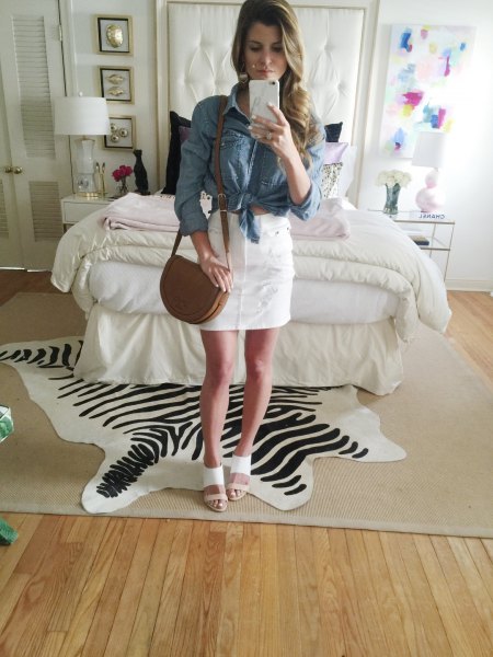 blue knotted chambray shirt with white mini skirt
