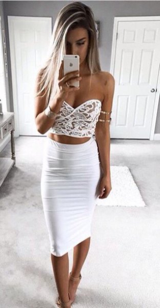 White sweetheart crop top with high waisted bodycon midi skirt