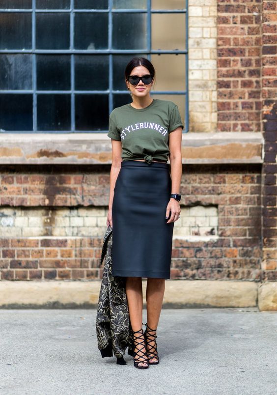 black pencil skirt with lace-up shoes