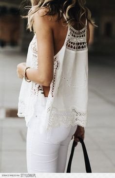 white crochet lace tank top with matching skinny jeans
