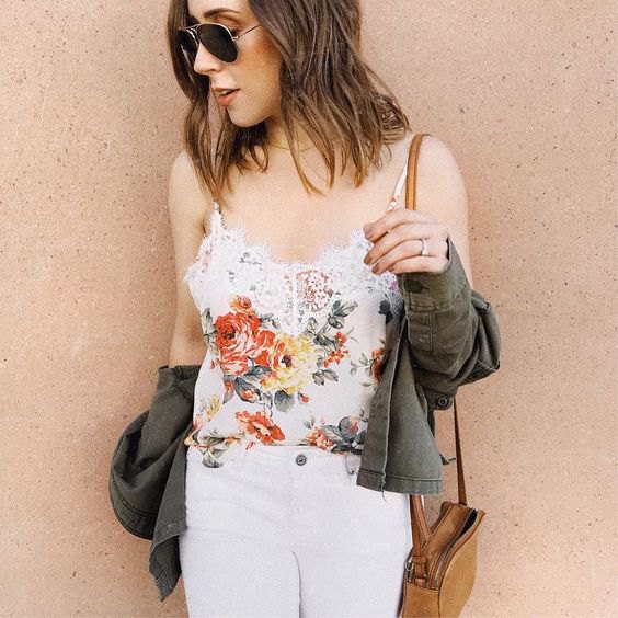 white embroidered tank top with floral embroidery and skinny jeans