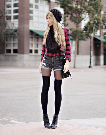 black and red plaid shirt with buttons, mini jean shorts and tights