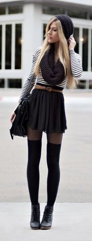 black and white striped t-shirt with mini skirt and tights with belt