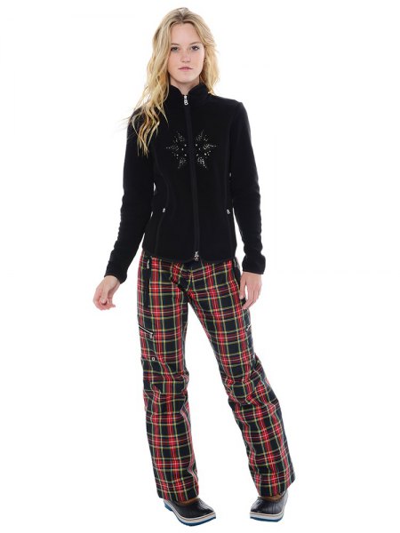 Black fleece jacket and red checked loose fit pants