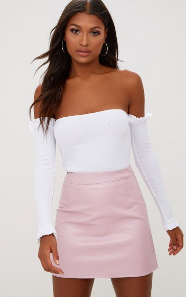 Light pink skirt with white tube top and separate long sleeves
