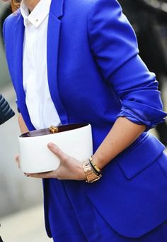 Blue suit with white slim-fitting shirt