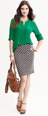 green chiffon blouse with plaid pencil skirt